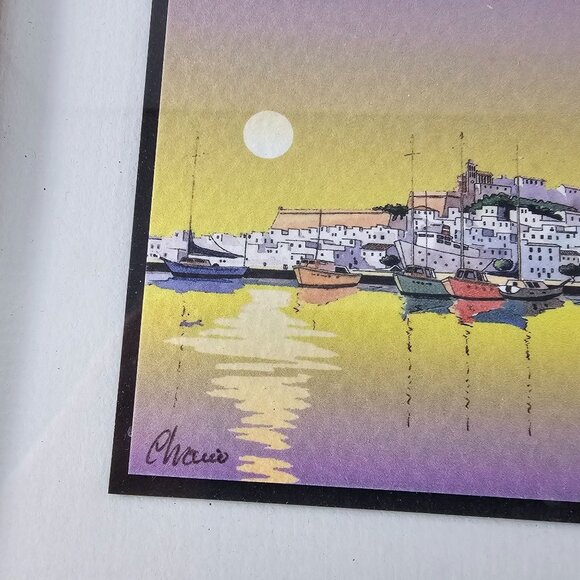 Framed Ibiza Sunset Boats Watercolor Painting Signed By Artist Framed 7" x 7" - Picture 4 of 8